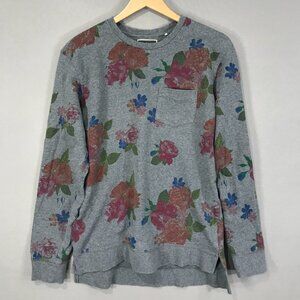 Modern Amusement Sweater Womens Medium Gray Floral Pullover Crew Pocket Split LS
